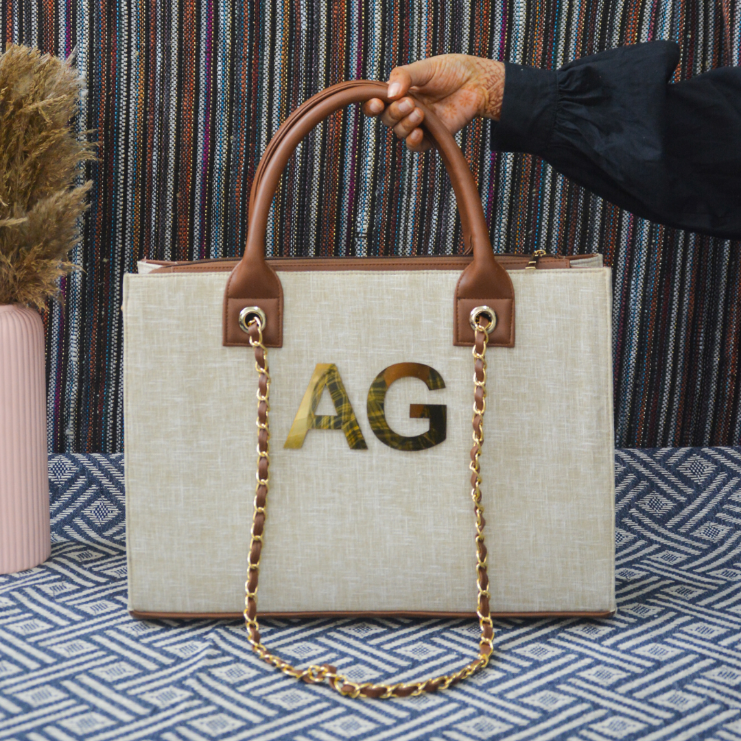 Beige with Brown Trims Chain Tote Metal (2 initials)