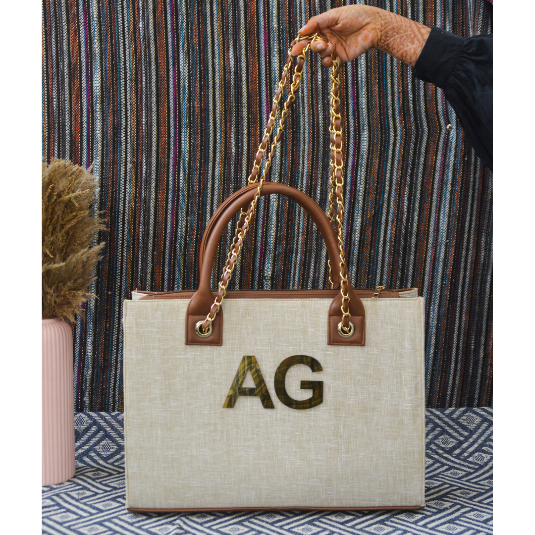 Beige with Brown Trims Chain Tote Metal (2 initials)