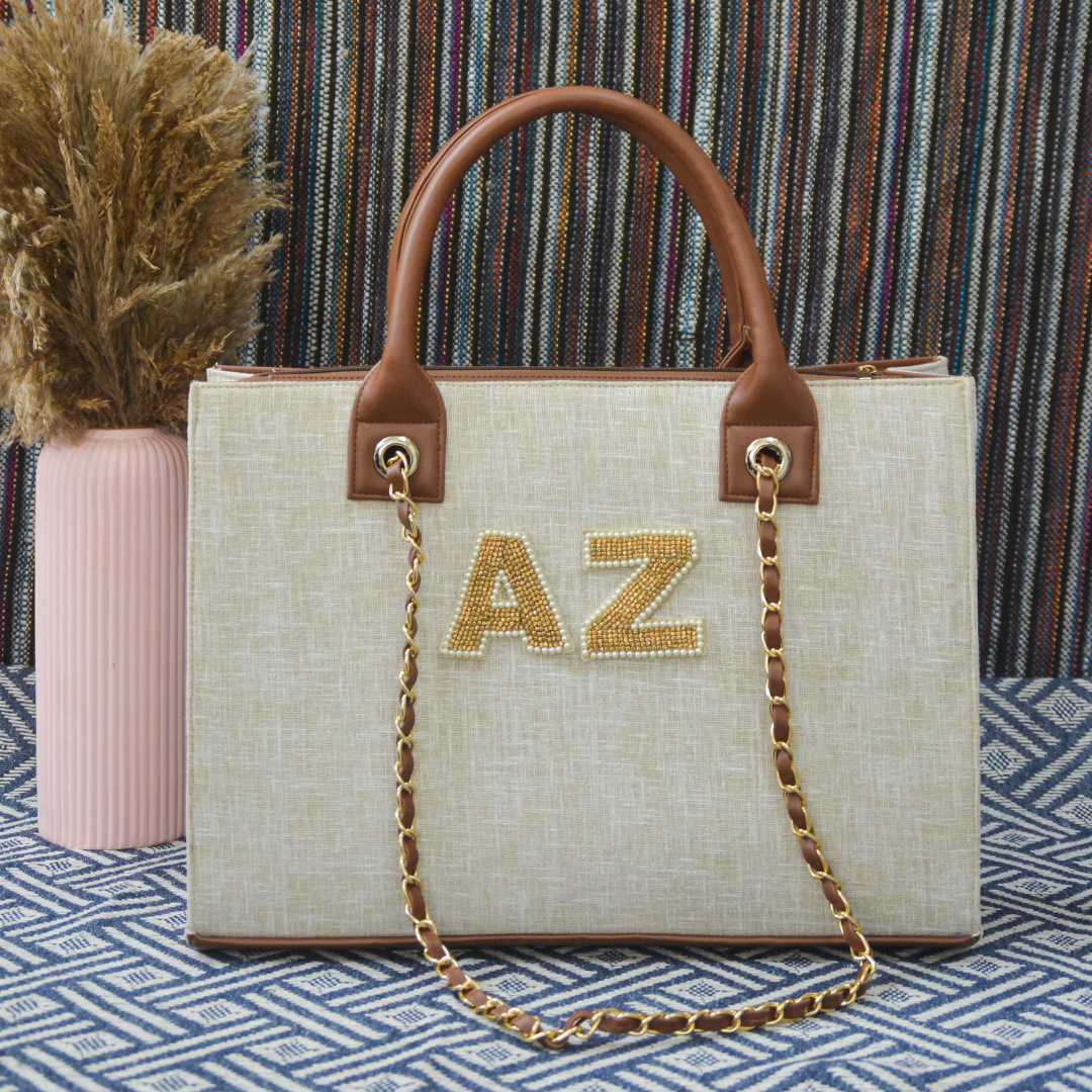 Beige with Brown Trims Chain Tote Handwork (2 initials)