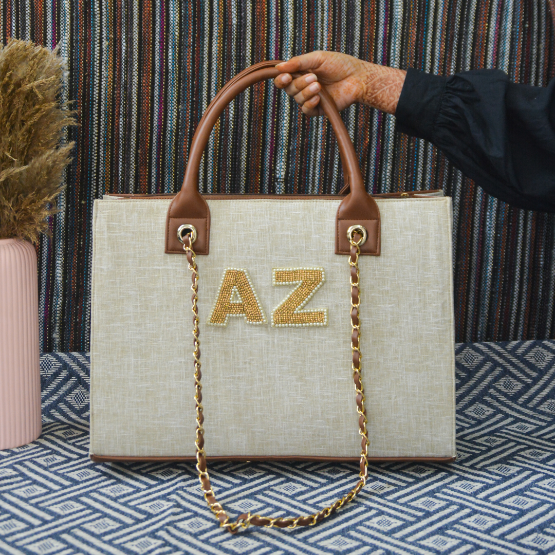 Beige with Brown Trims Chain Tote Handwork (2 initials)