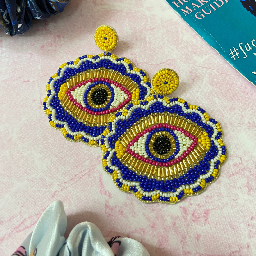 Big Evil Eye Drak Blue & Gold Earrings