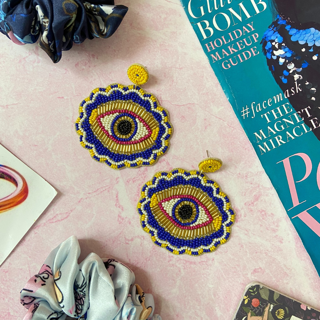 Big Evil Eye Drak Blue & Gold Earrings