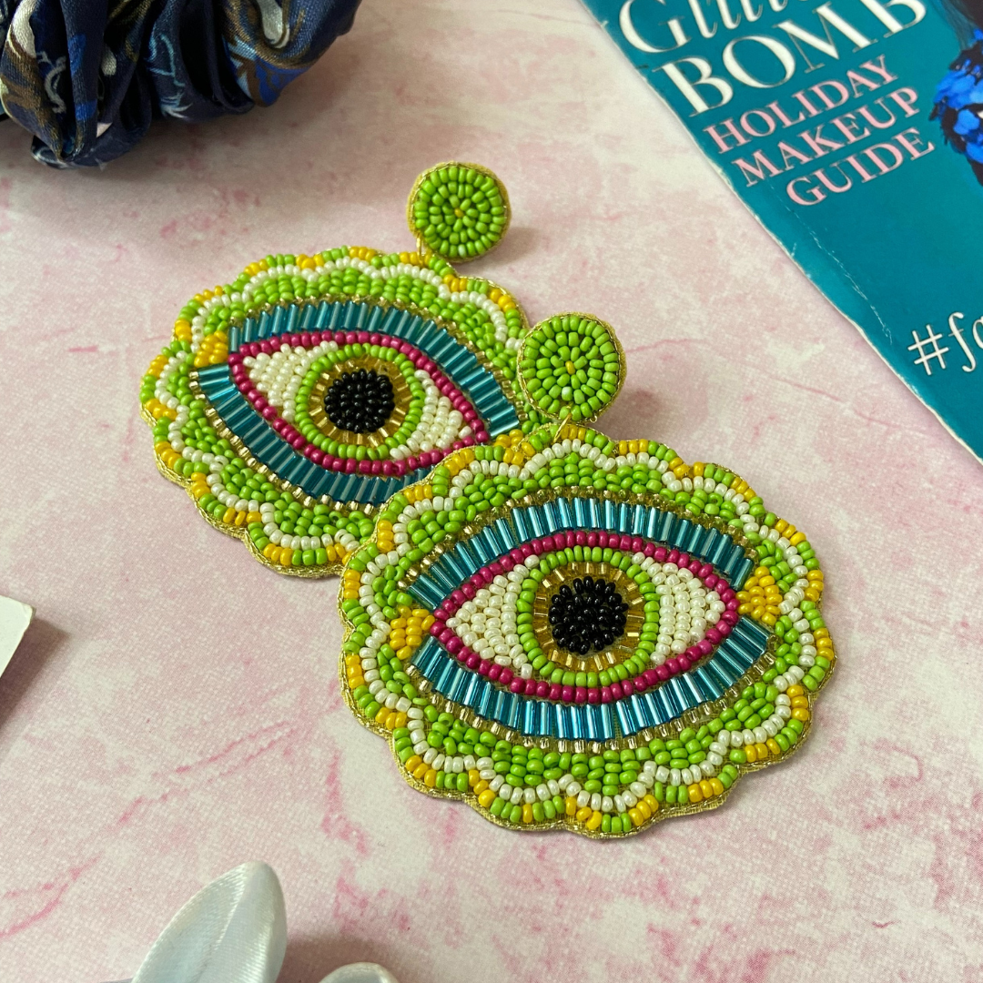 Big Evil Eye Light Green & Blue Earrings