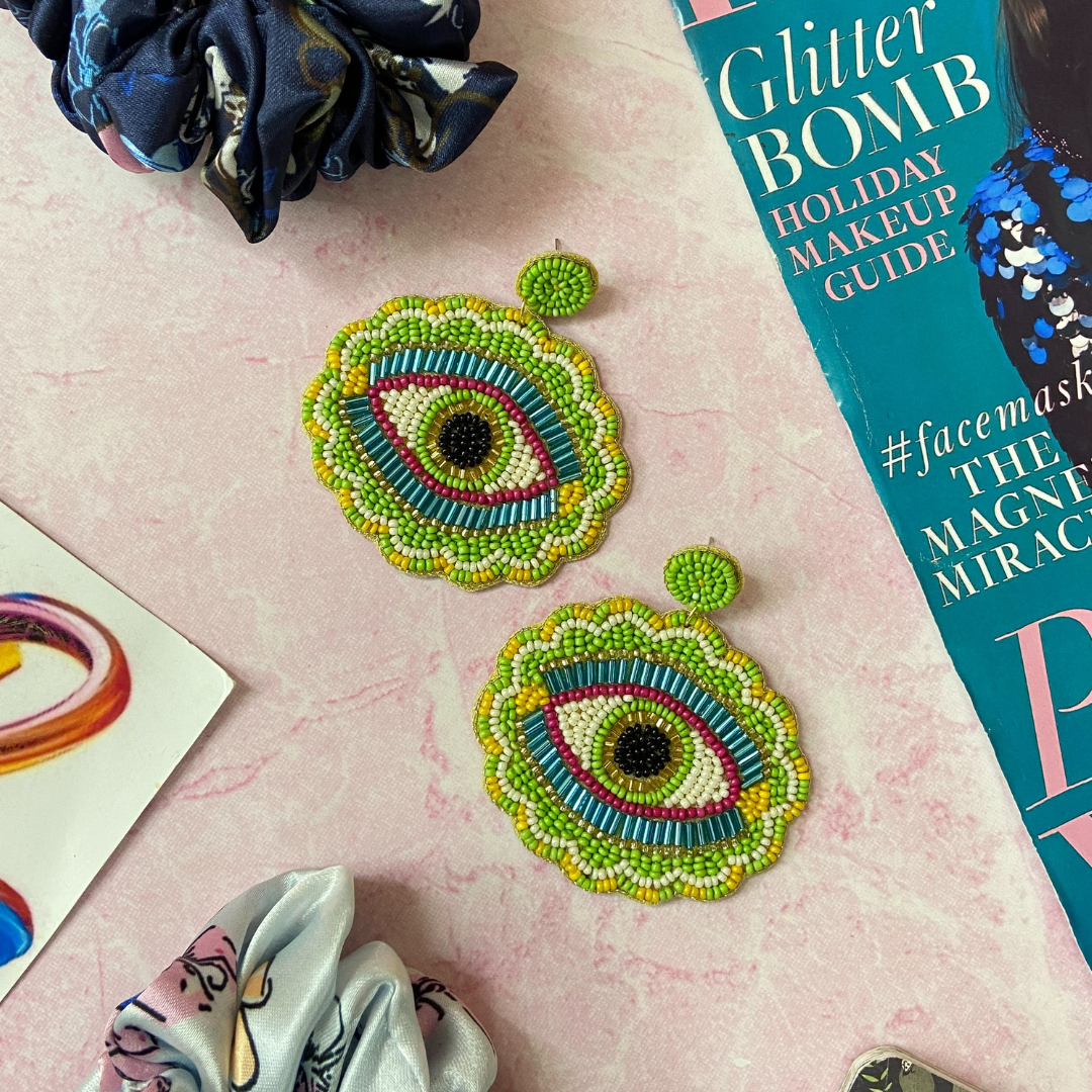 Big Evil Eye Light Green & Blue Earrings