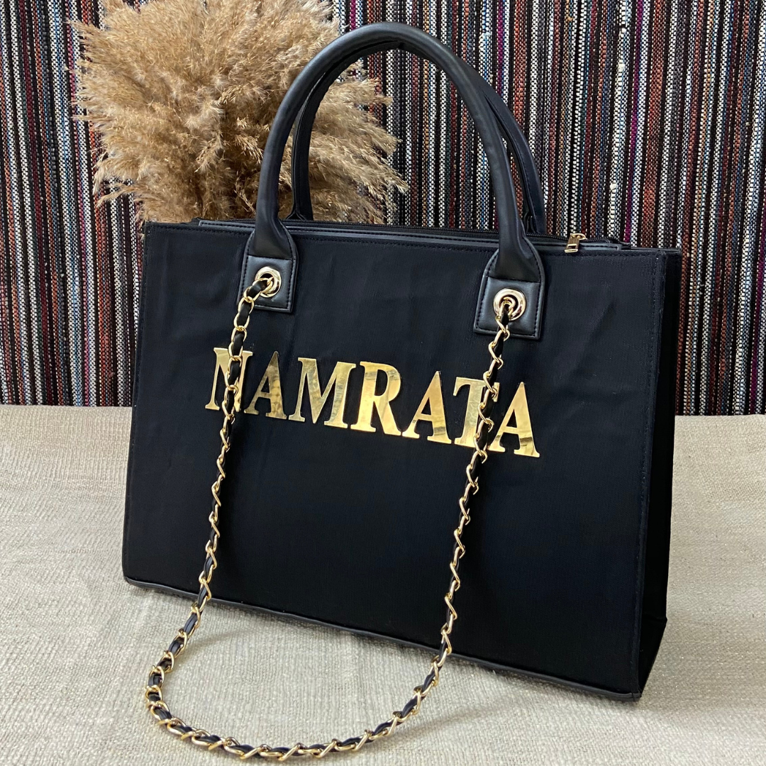 Black Canvas Chain Tote Metal Full Name (1 Line Initials)