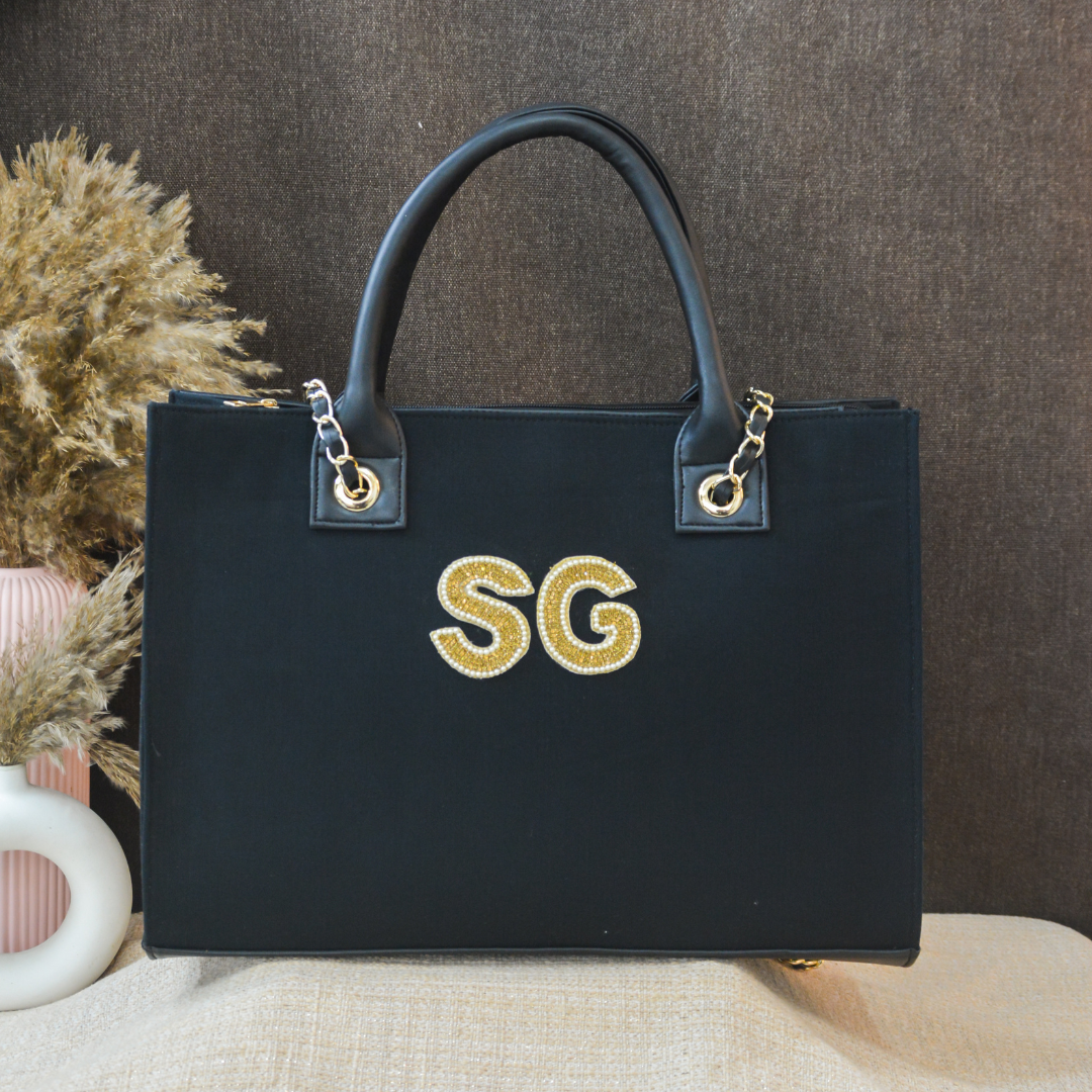 Black Canvas Chain Tote Handwork (2 Initials)