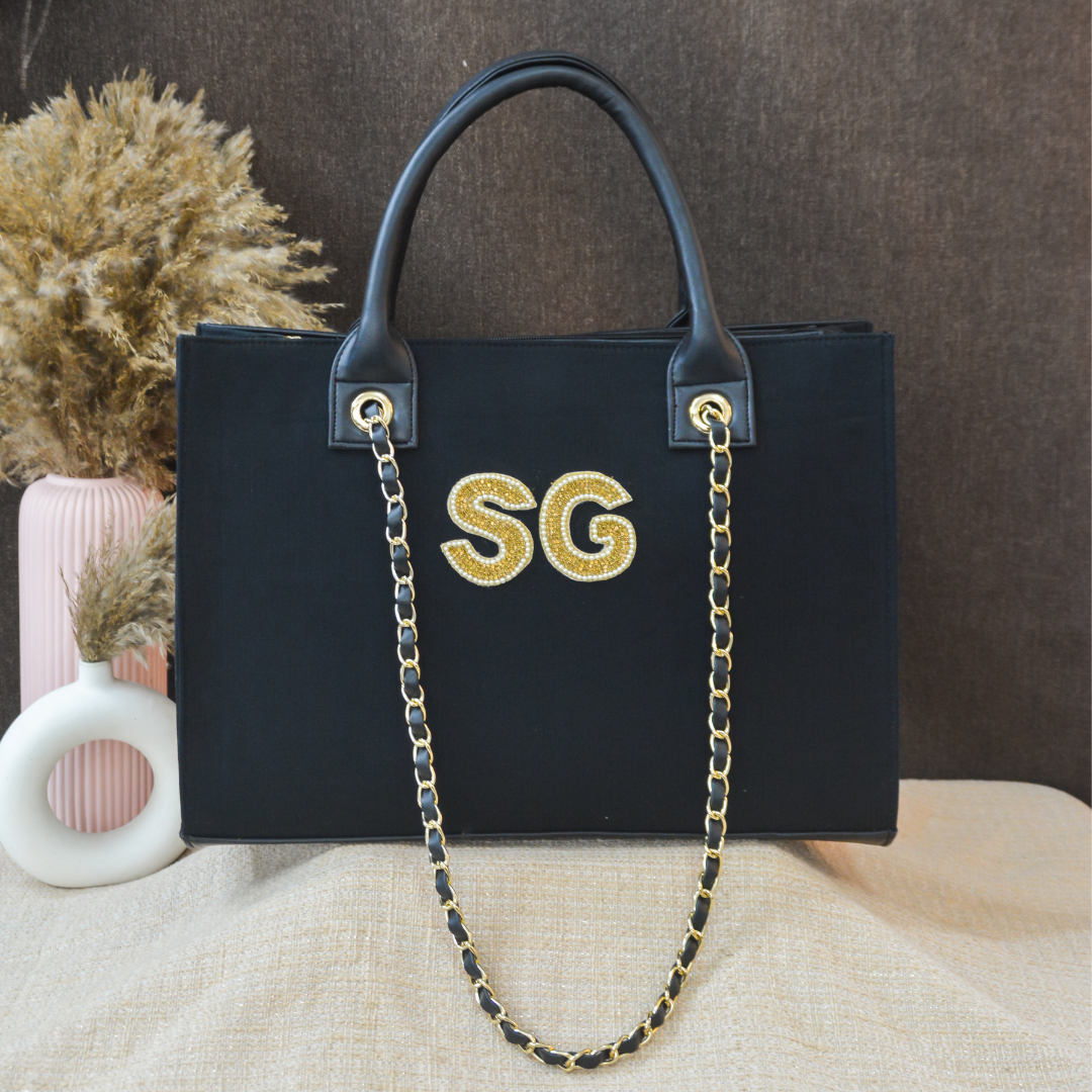 Black Canvas Chain Tote Handwork (2 Initials)