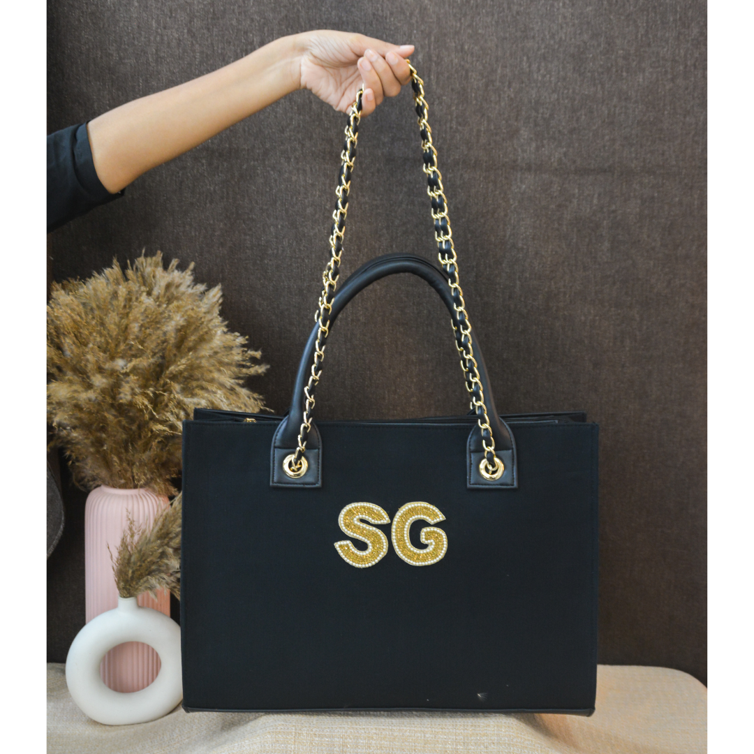 Black Canvas Chain Tote Handwork (2 Initials)