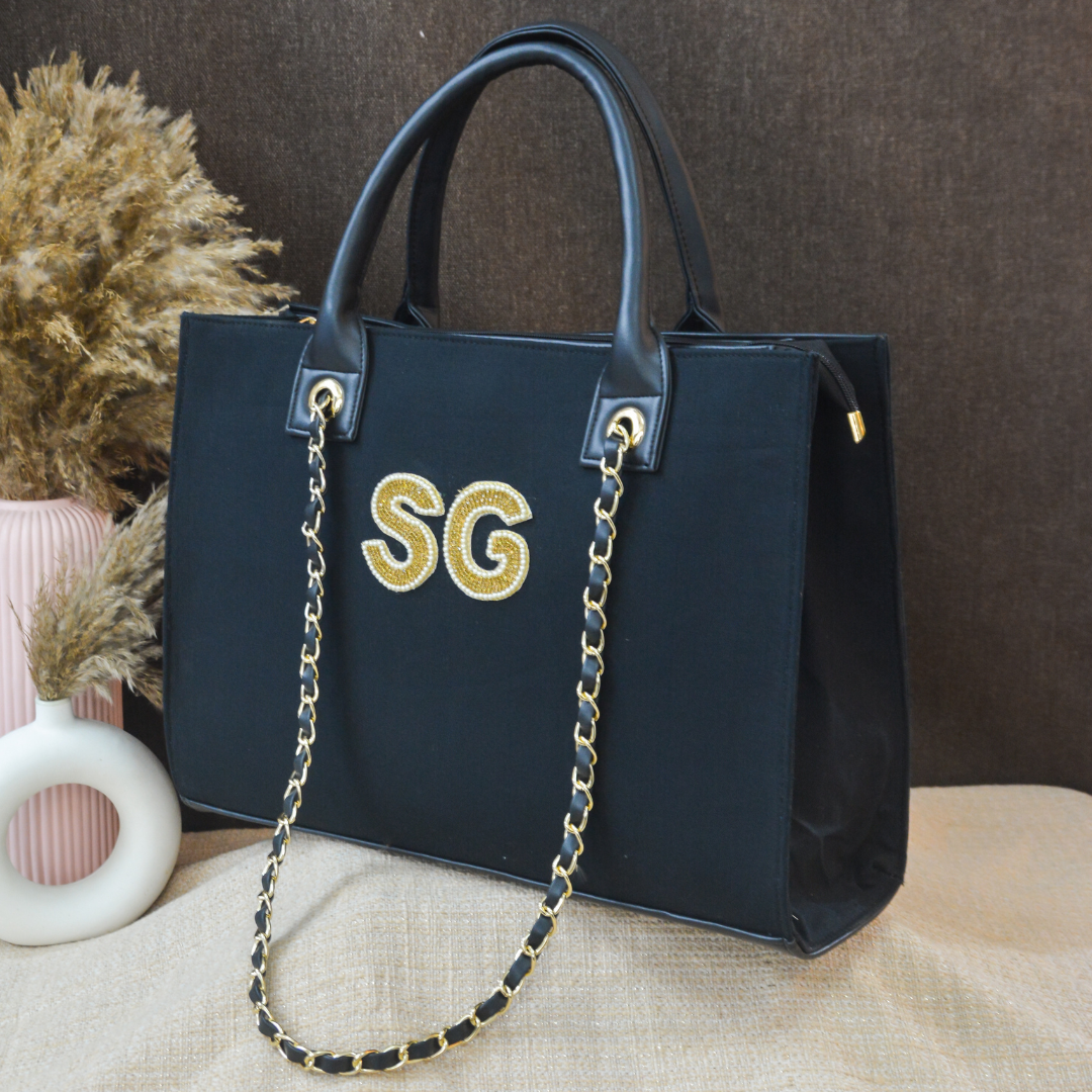 Black Canvas Chain Tote Handwork (2 Initials)