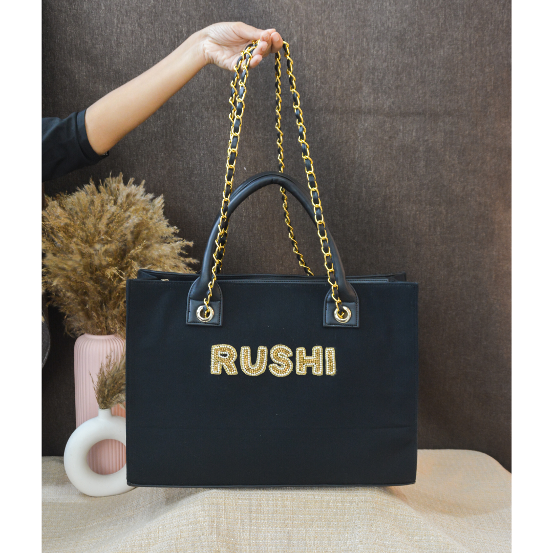 Black Canvas Chain Tote Handwork Full Name (1 Line Initials)