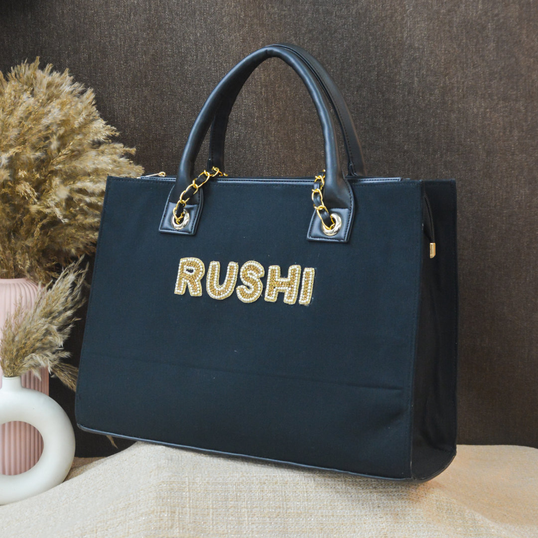 Black Canvas Chain Tote Handwork Full Name (1 Line Initials)