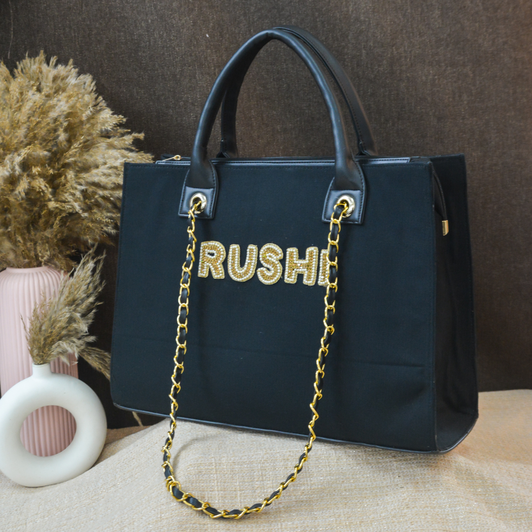 Black Canvas Chain Tote Handwork Full Name (1 Line Initials)