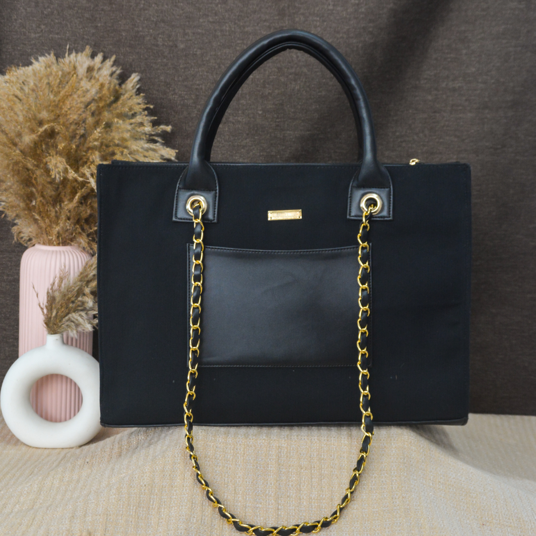 Black Canvas Chain Tote Handwork Full Name (1 Line Initials)