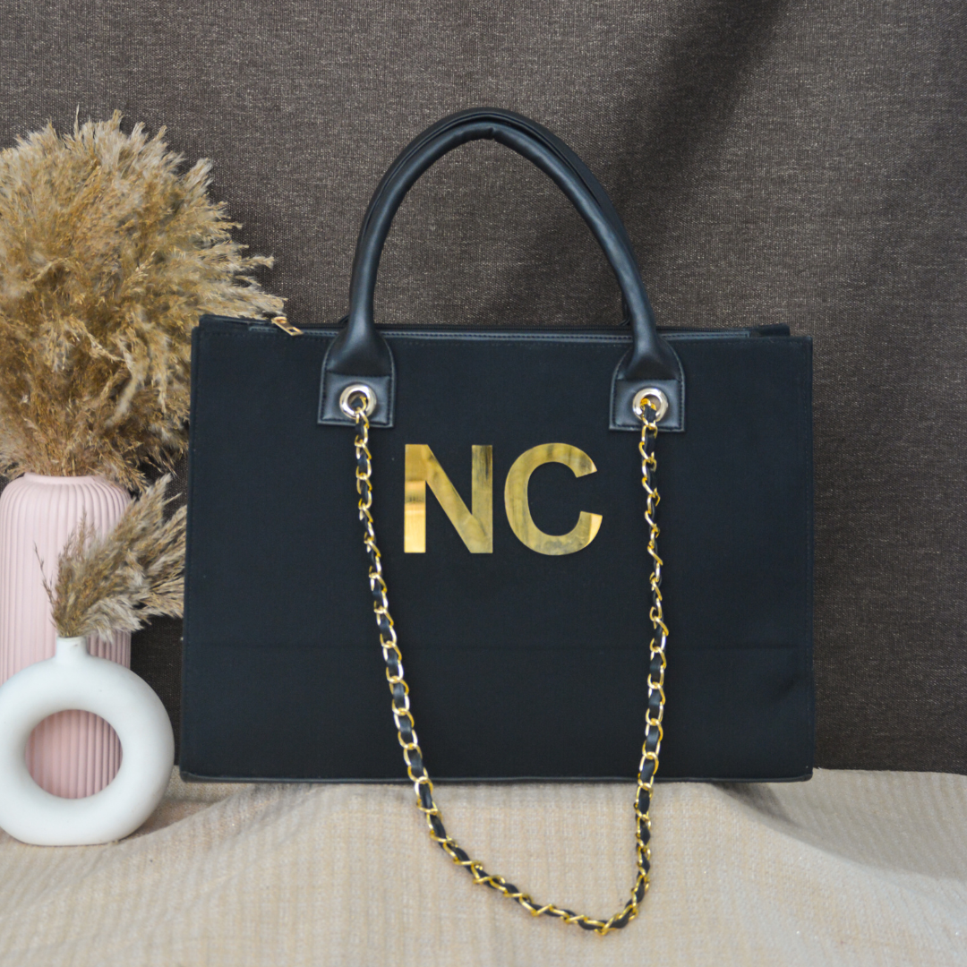 Black Canvas Chain Tote Metal (2 Initials)