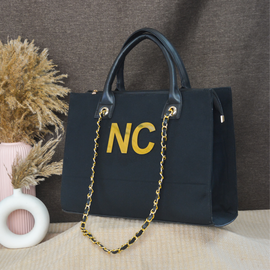 Black Canvas Chain Tote Metal (2 Initials)