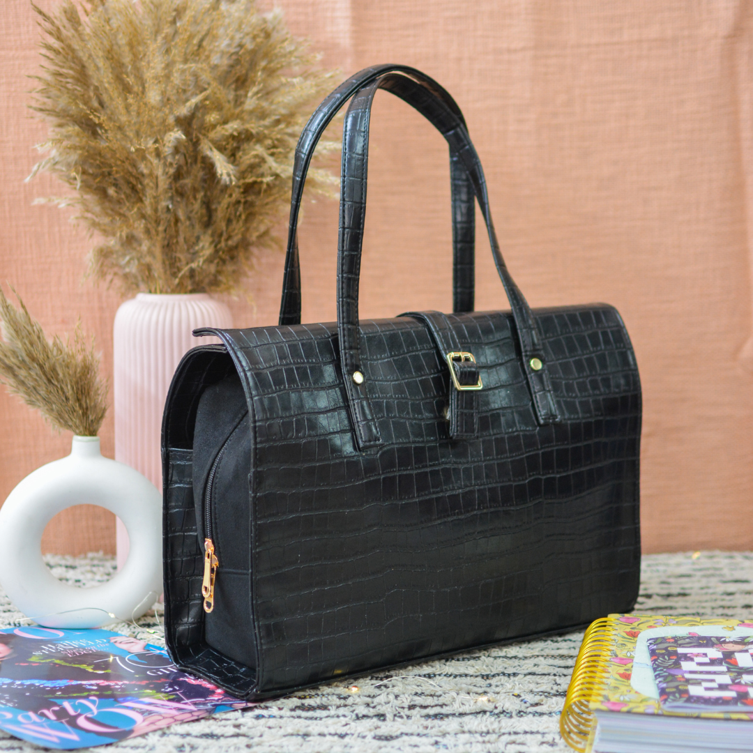 Black Croc Embossed with Black Swede Leera 14inch Bag