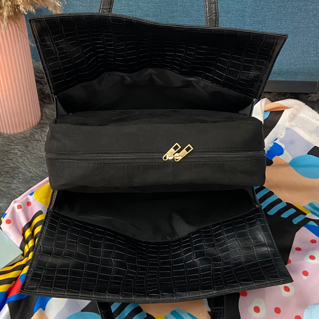 Black Croc Embossed with Black Swede Leera 14inch Bag