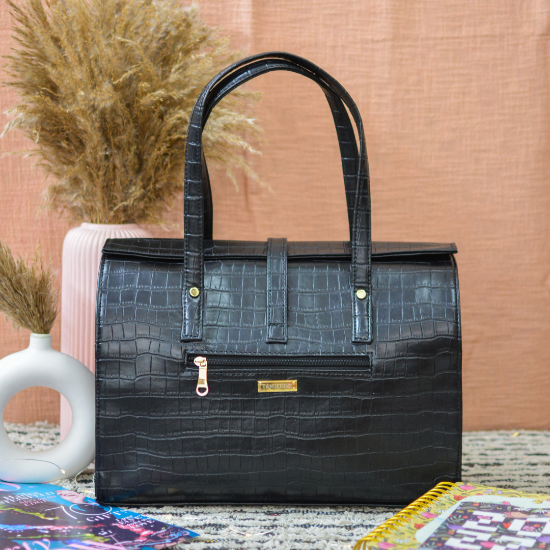 Black Croc Embossed with Black Swede Leera 14inch Bag