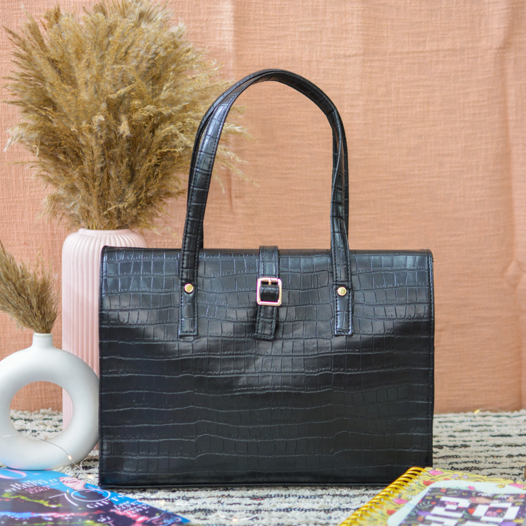 Black Croc Embossed with Black Swede Leera 14inch Bag