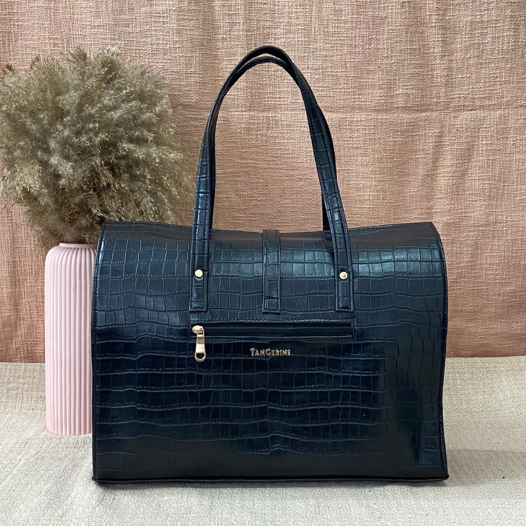 Black Croc Embossed with Black Swede Leera 16inch Bag