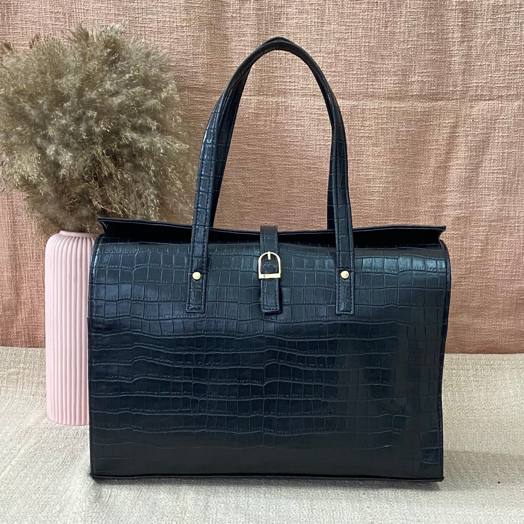 Black Croc Embossed with Black Swede Leera 16inch Bag + Big Wallet Combo