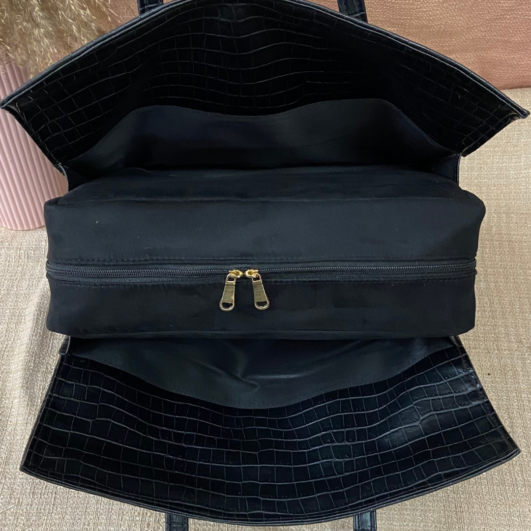 Black Croc Embossed with Black Swede Leera 16inch Bag