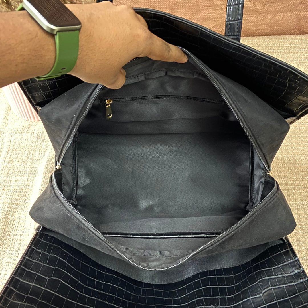 Black Croc Embossed with Black Swede Leera 16inch Bag