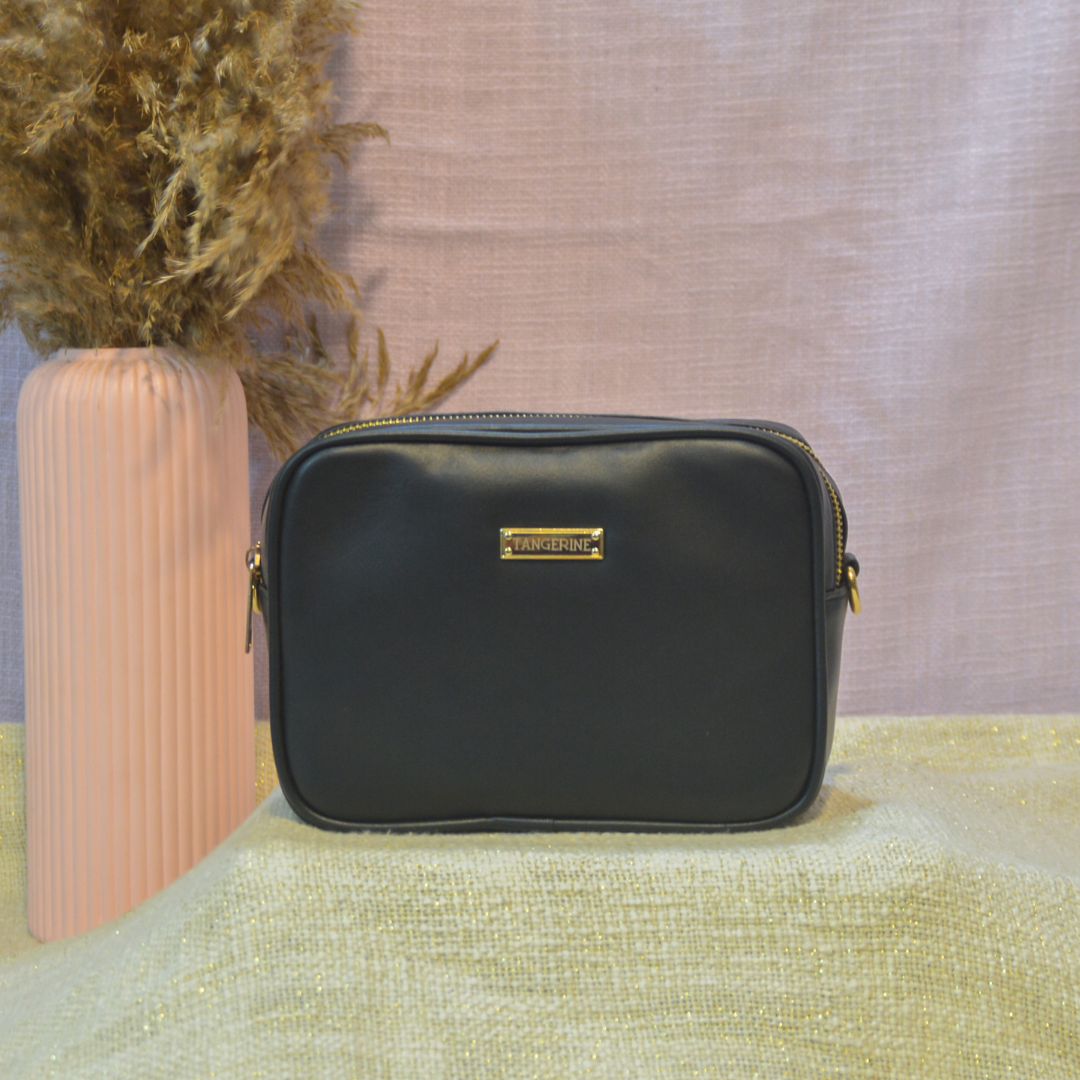 Black Dual Compartment Sling Bag with Black Diamond belt.