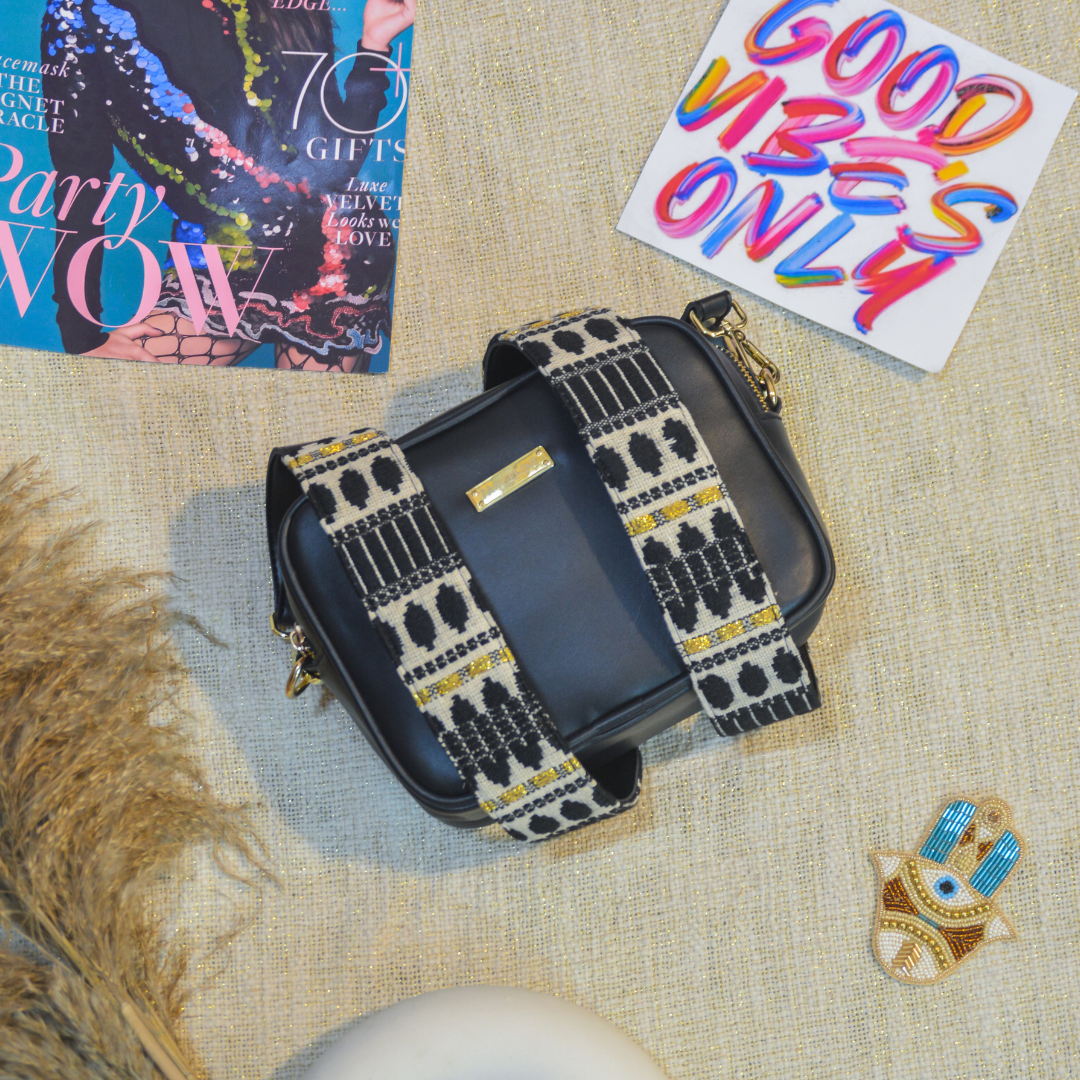 Black Dual Compartment Sling Bag with Black Bullet Belt.