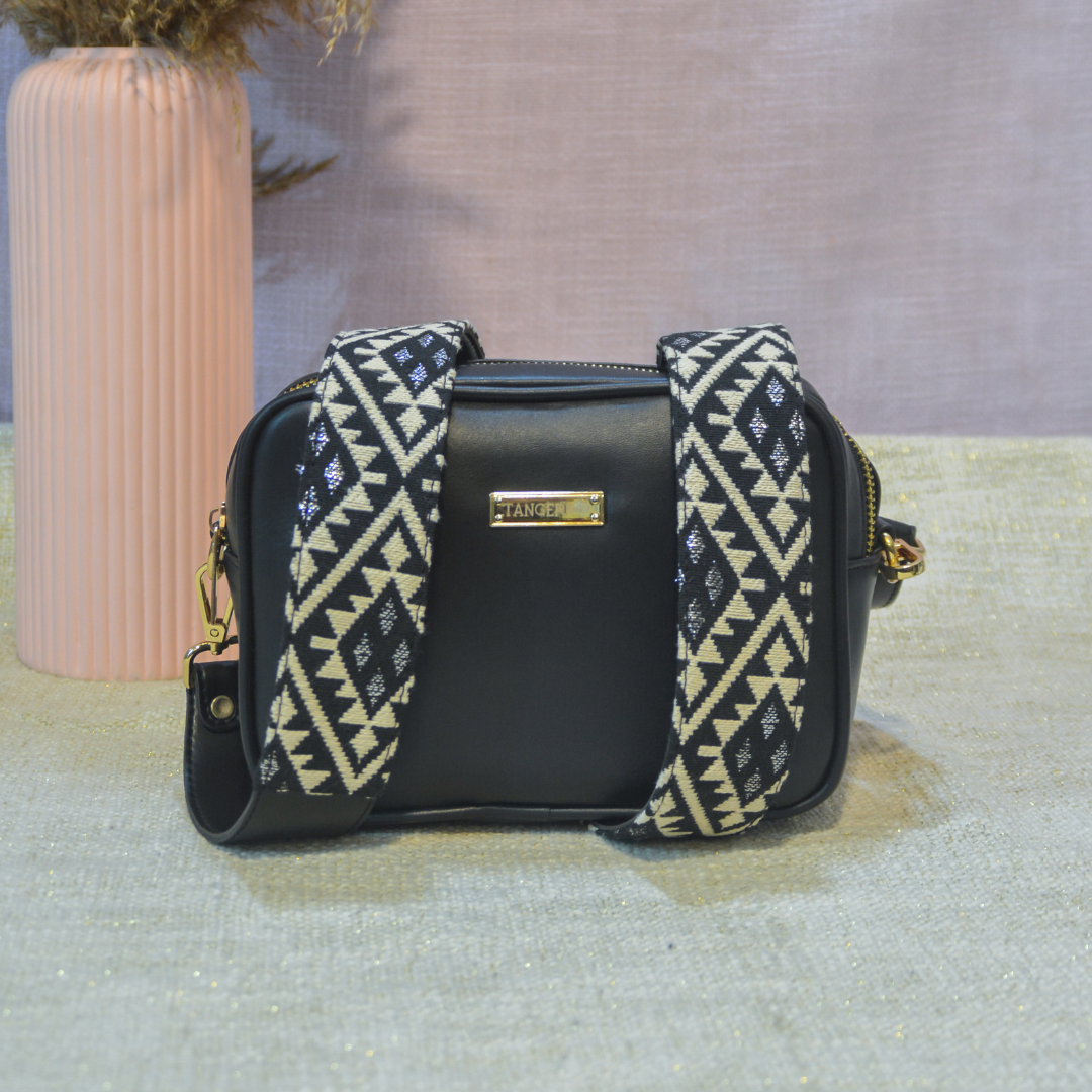 Black Dual Compartment Sling Bag with Black Diamond belt + Big Wallet