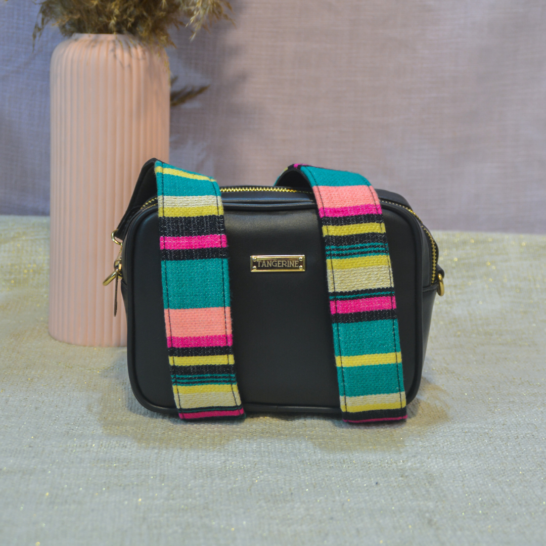 Black Dual Compartment Sling Bag with Black Multi colour Belt