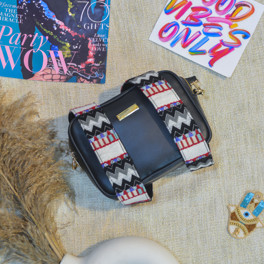 Black Dual Compartment Sling Bag with Black Tribal Belt