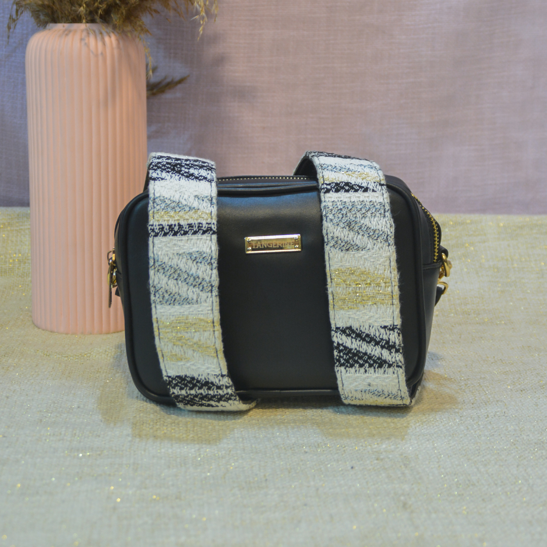 Black Dual Compartment Sling Bag with Black & White Tribal Belt