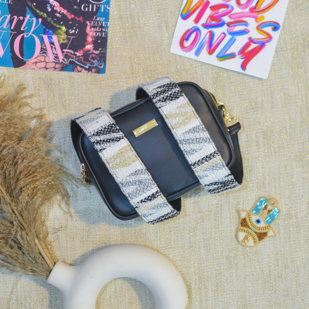 Black Dual Compartment Sling Bag with Black & White Tribal Belt