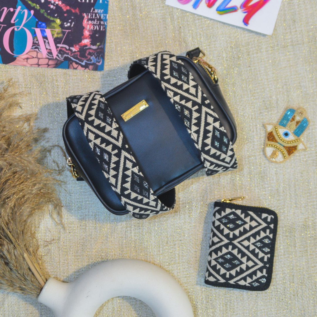 Black Dual Compartment Sling Bag with Black Diamond Belt + Mini Wallet Combo