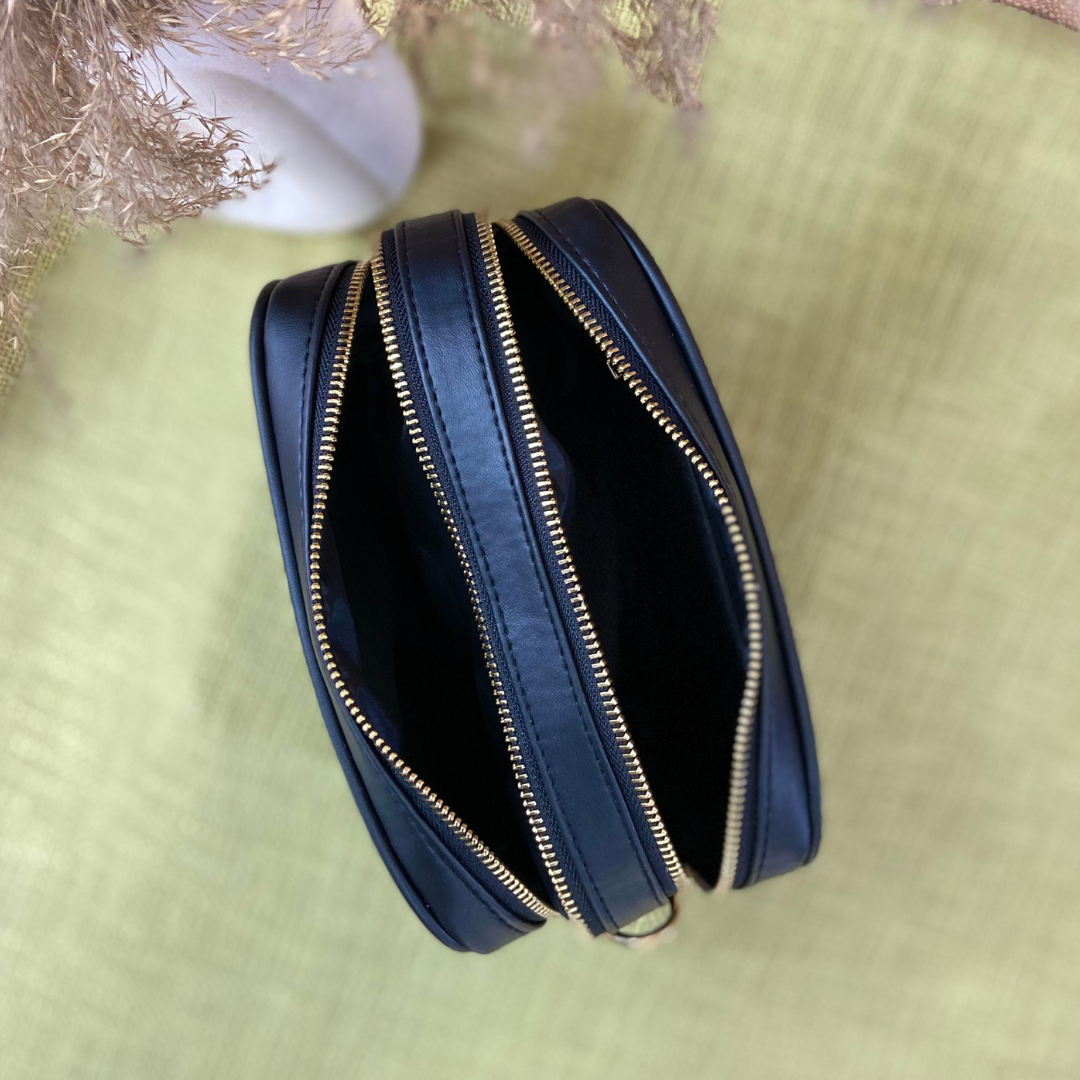 Black Dual Compartment Sling Bag with Black & White Stripes Belt