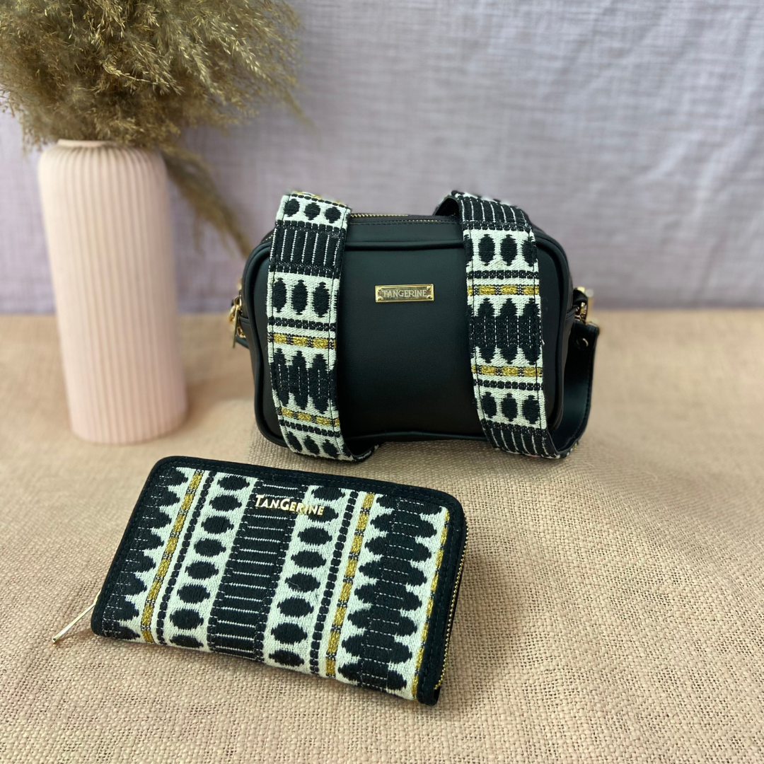 Black Dual Compartment Sling Bag with Black Bullet Belt + Big  Wallet