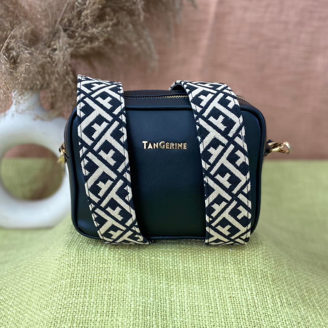 Black Dual Compartment Sling Bag with Black T-Shape Belt