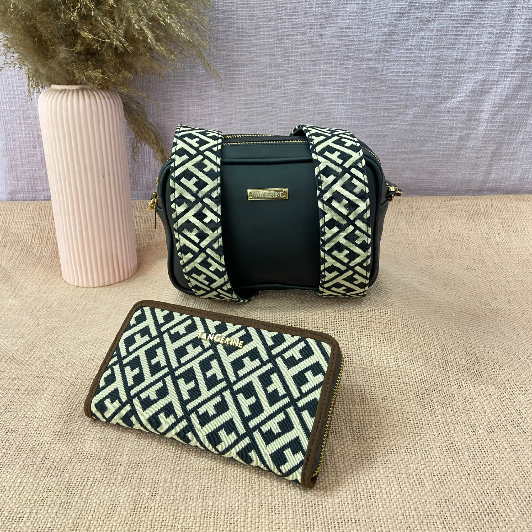 Black Dual Compartment Sling Bag with Black T-Shape Belt + Big Wallet