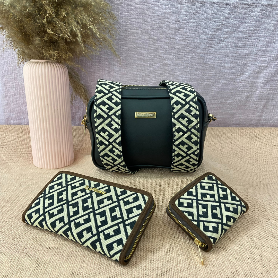 Black Dual Compartment Sling Bag with Black T-Shape Belt + Big & Small Wallet Combo