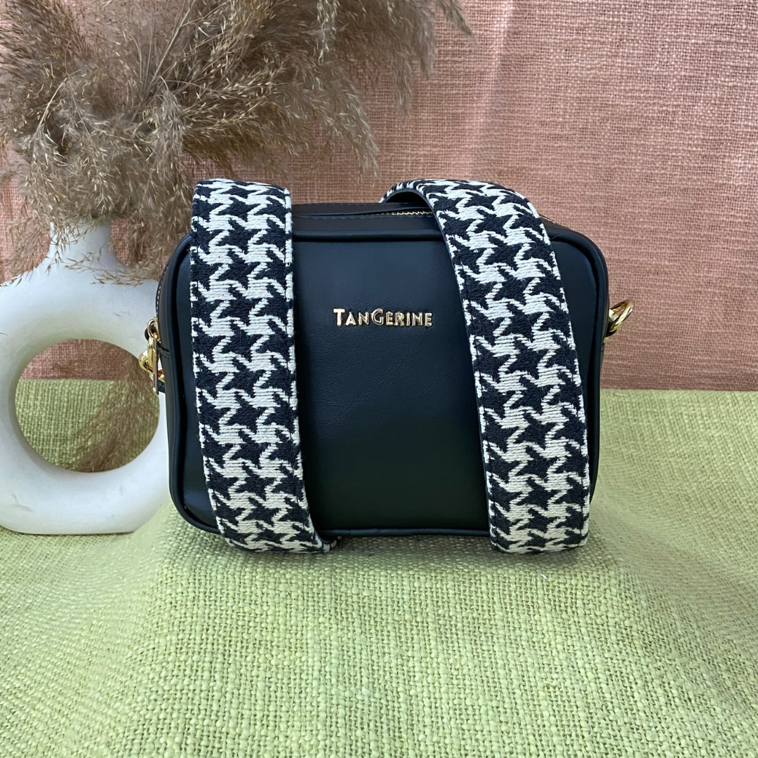 Black Dual Compartment Sling Bag with Black & White Vintage Small Print Belt