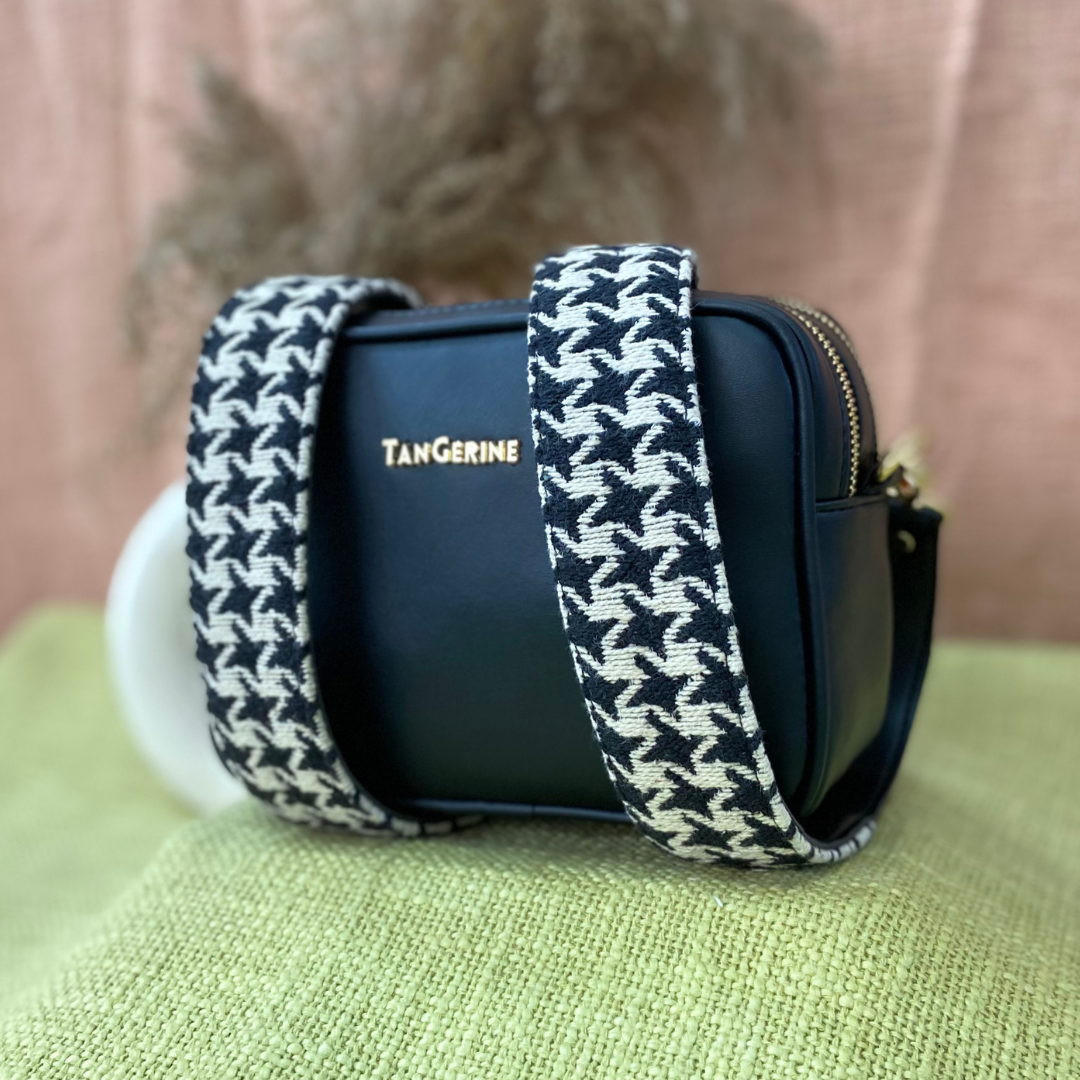 Black Dual Compartment Sling Bag with Black & White Vintage Small Print Belt