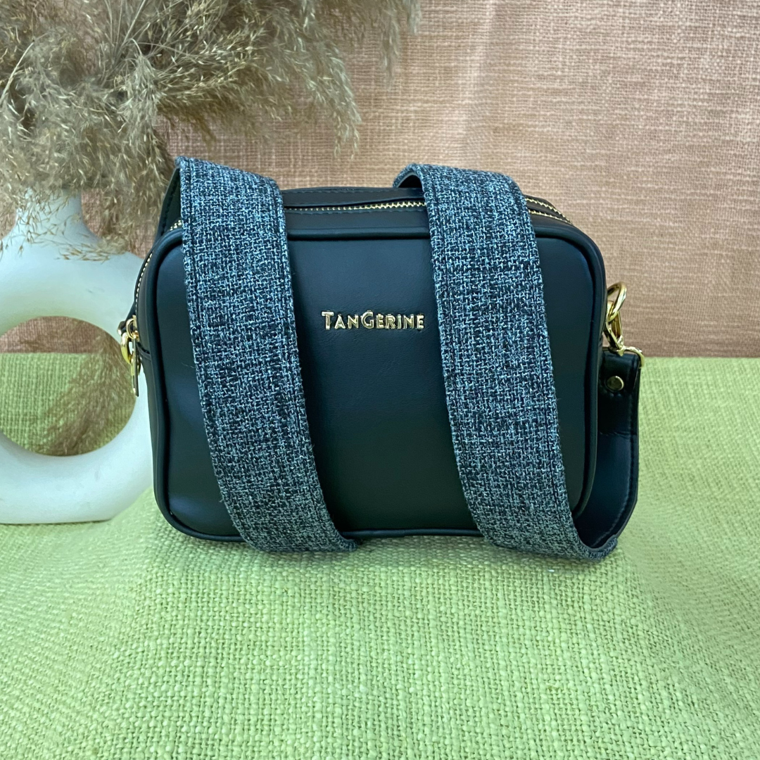 Black Dual Compartment Sling Bag with Charcoal Grey Belt + Big Wallet