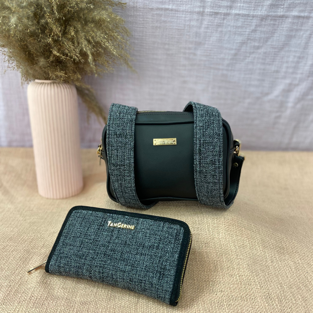 Black Dual Compartment Sling Bag with Charcoal Grey Belt Big