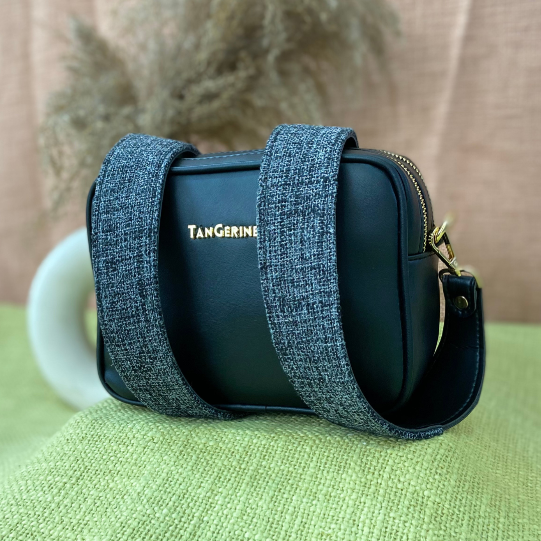 Black Dual Compartment Sling Bag with Charcoal Grey Belt + Big Wallet