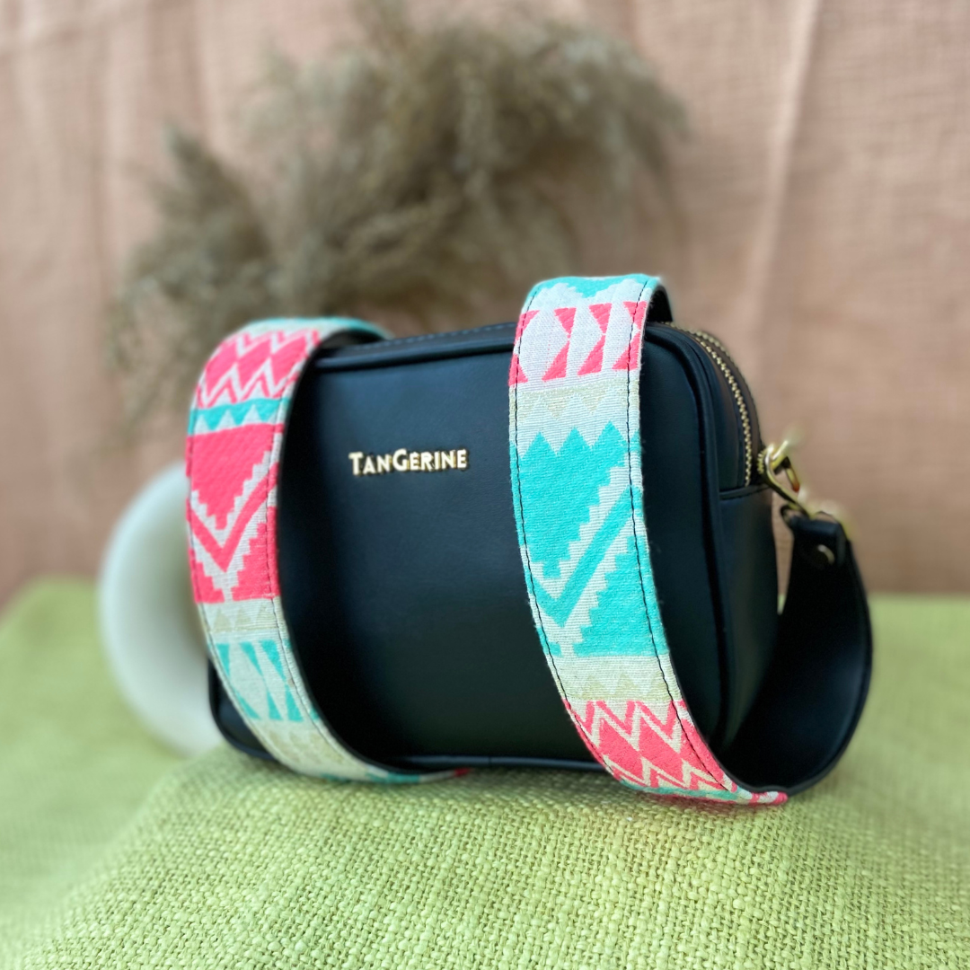 Black Dual Compartment Sling Bag with Neon Belt