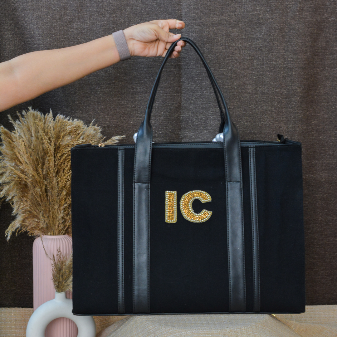 Black Monogram Book Tote Handwork Initials