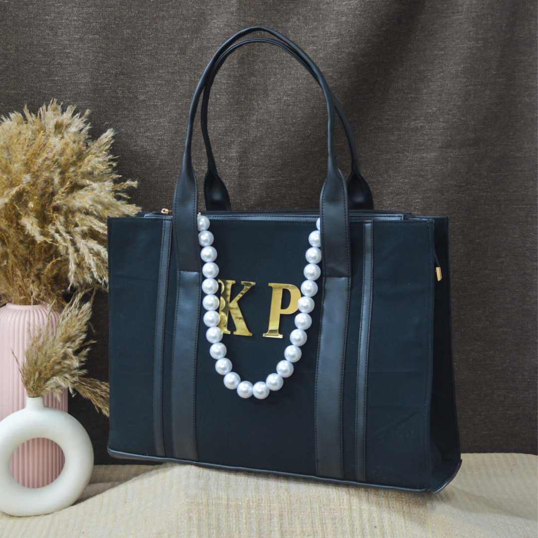 Black Monogram Book Tote Metal Initials