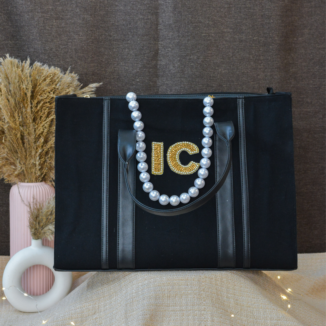 Black Monogram Book Tote Handwork Initials