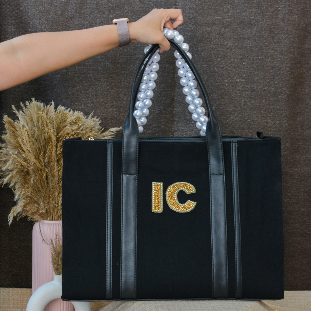 Black Monogram Book Tote Handwork Initials